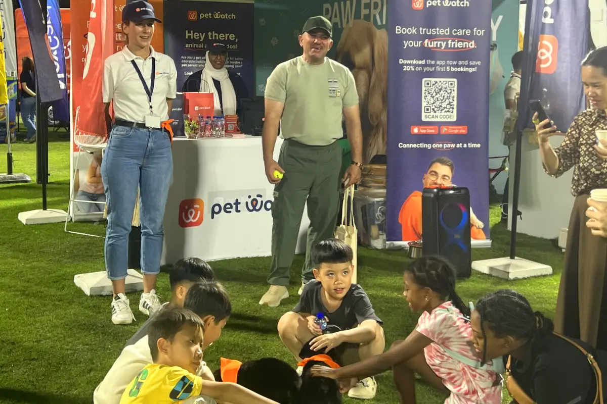 Pet Watch Stand at Pet Festival Abu Dhabi 2025 with kids and trainers Pet Watch Stand at Pet Festival Abu Dhabi 2025 with kids and trainers